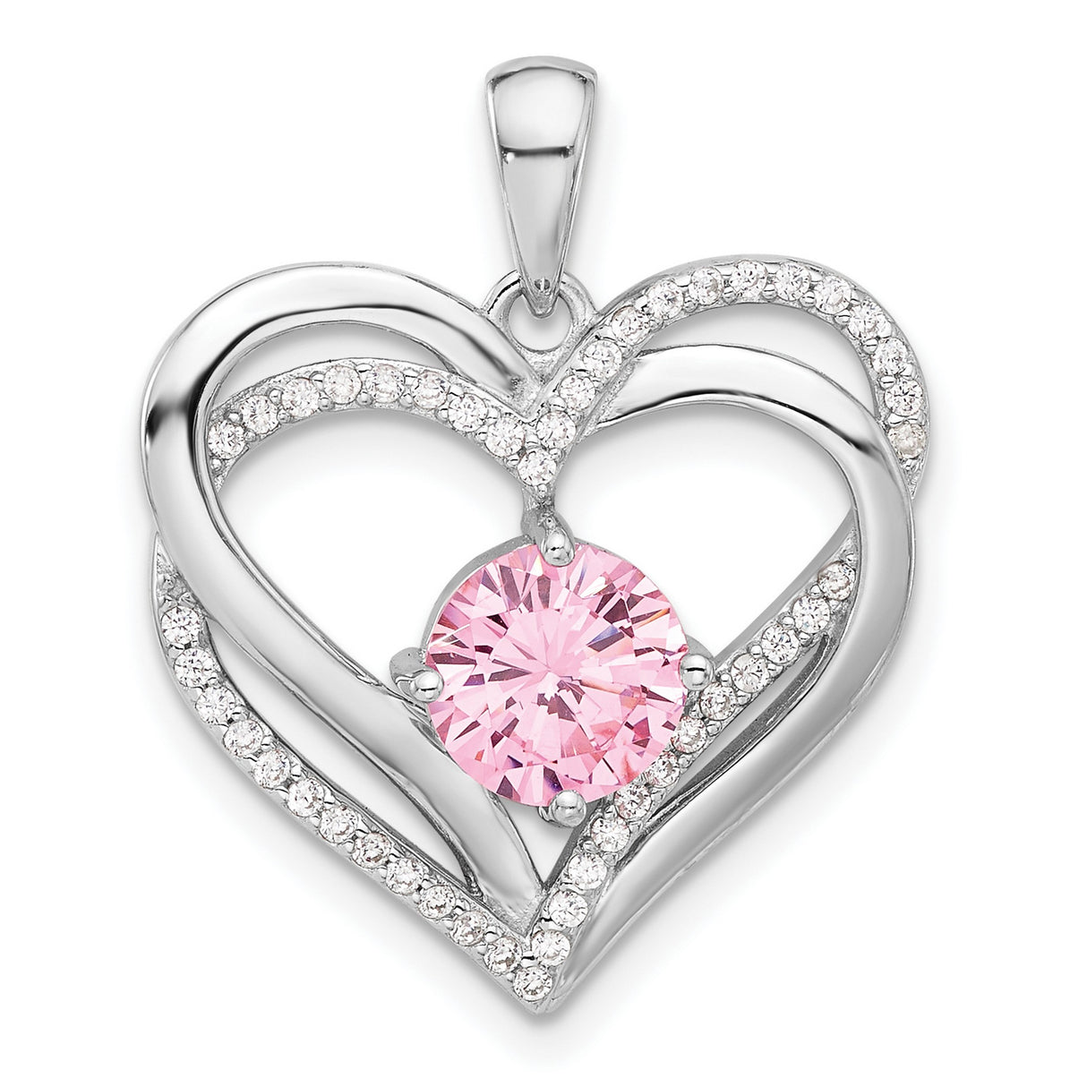 Sterling Silver Heart Pendant with Pink Gemstone and Cubic Zirconia Double Heart Design