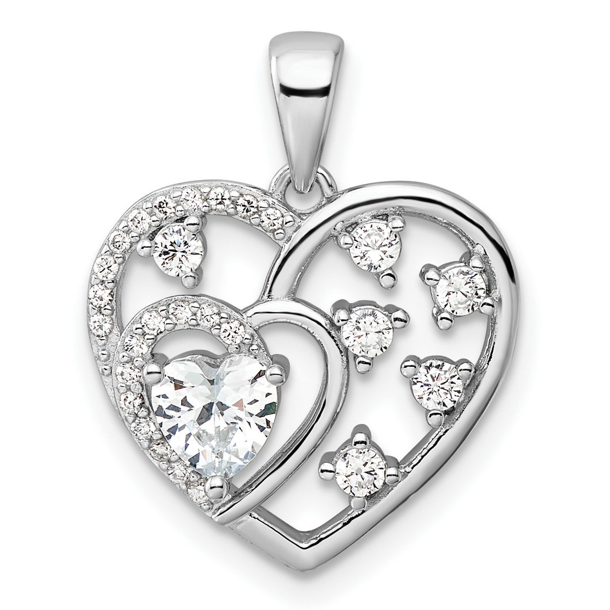 Sterling Silver Double Open Heart Pendant with Cubic Zirconia, Romantic Jewelry for Women