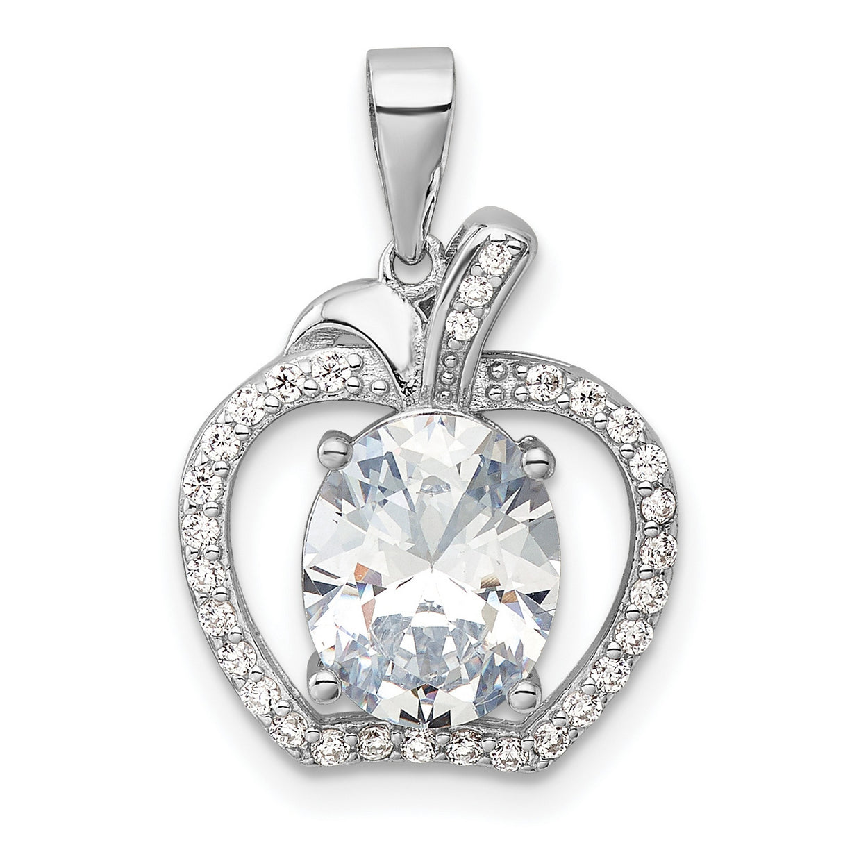 Sterling Silver Apple Pendant with Oval Cut Cubic Zirconia, Teacher Appreciation Jewelry