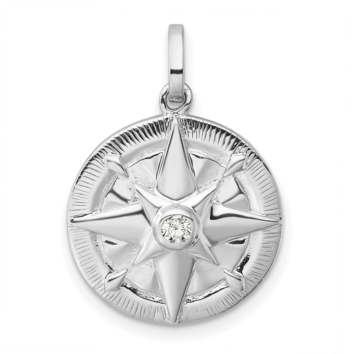 Sterling Silver Compass Rose Pendant with Cubic Zirconia, Nautical Star Design