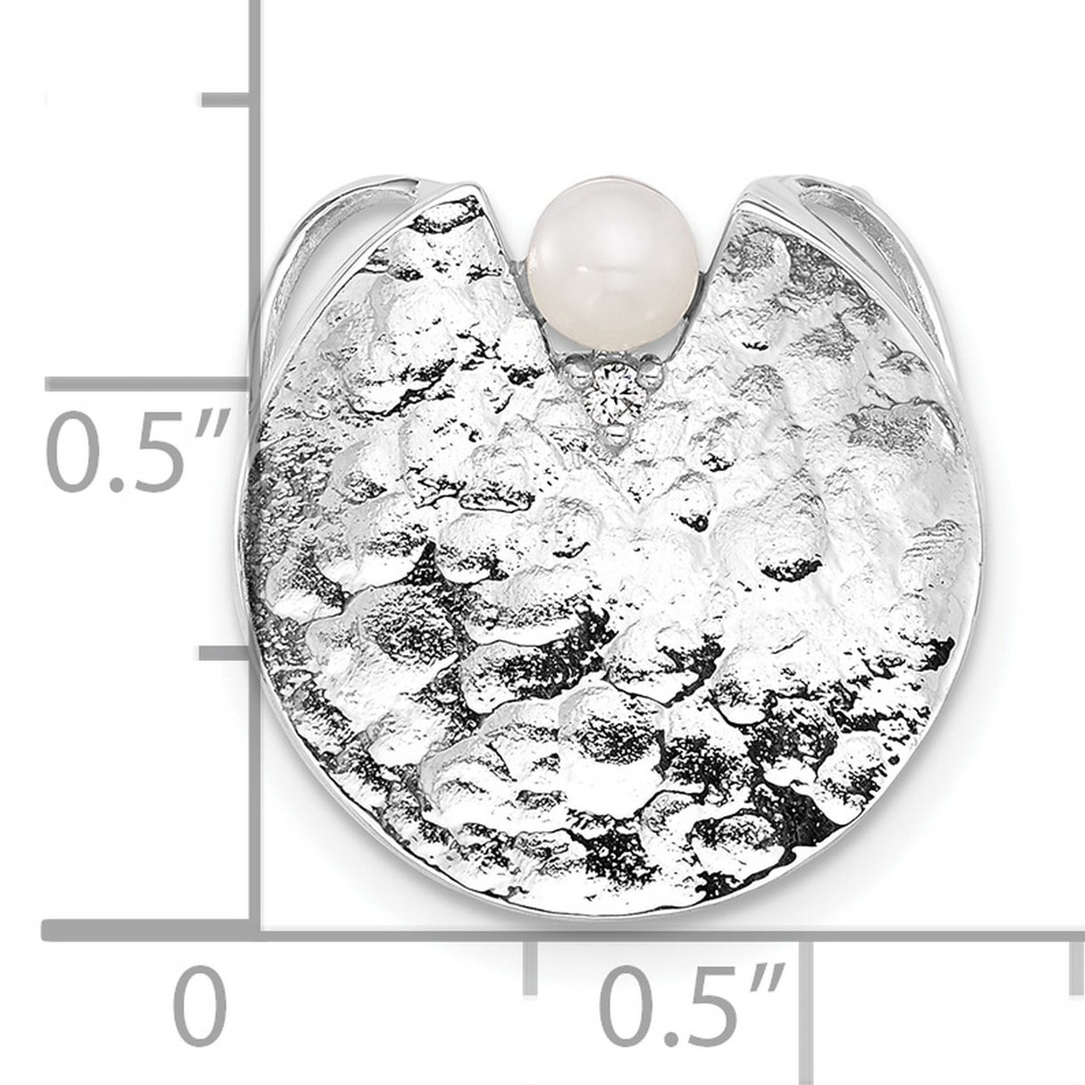 Sterling Silver Disc Pendant with White Pearl and Cubic Zirconia, Hammered Texture, Modern Design