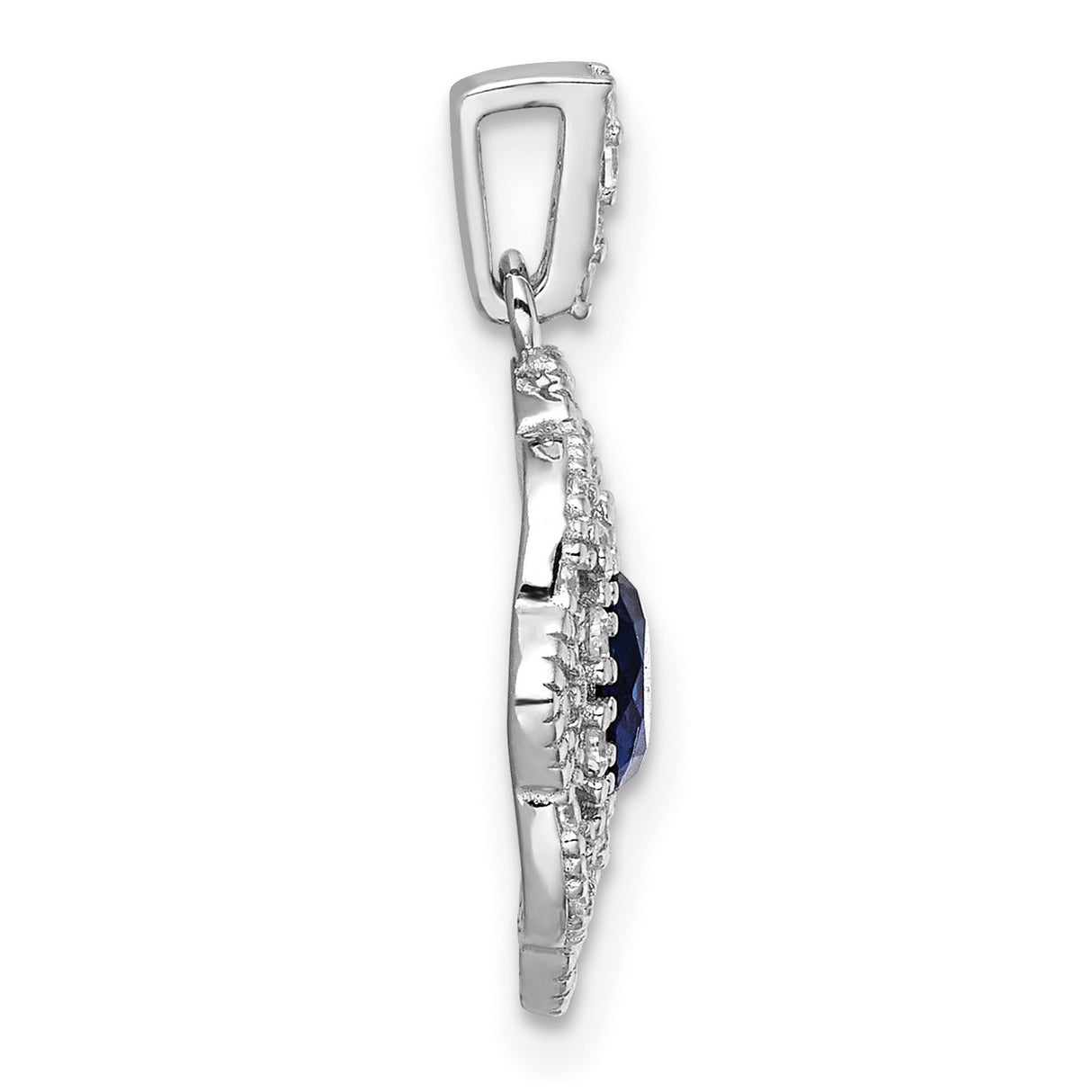 Sterling Silver Floral Pendant with Deep Blue Gemstone and Cubic Zirconia Accents
