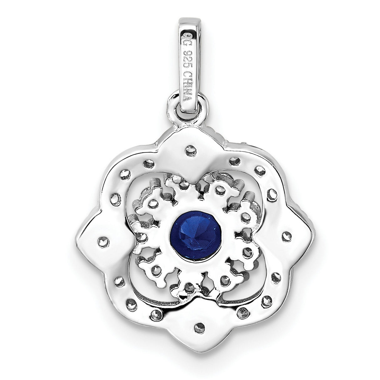 Sterling Silver Floral Pendant with Deep Blue Gemstone and Cubic Zirconia Accents