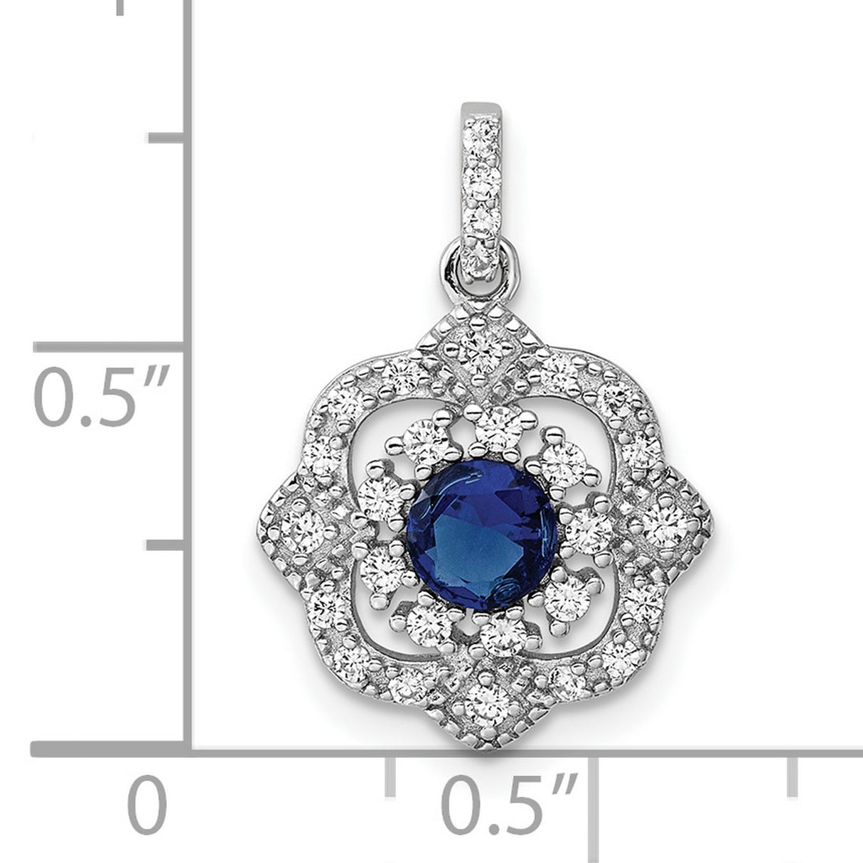 Sterling Silver Floral Pendant with Deep Blue Gemstone and Cubic Zirconia Accents