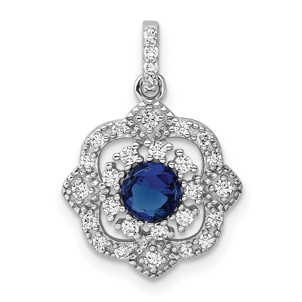 Sterling Silver Floral Pendant with Deep Blue Gemstone and Cubic Zirconia Accents