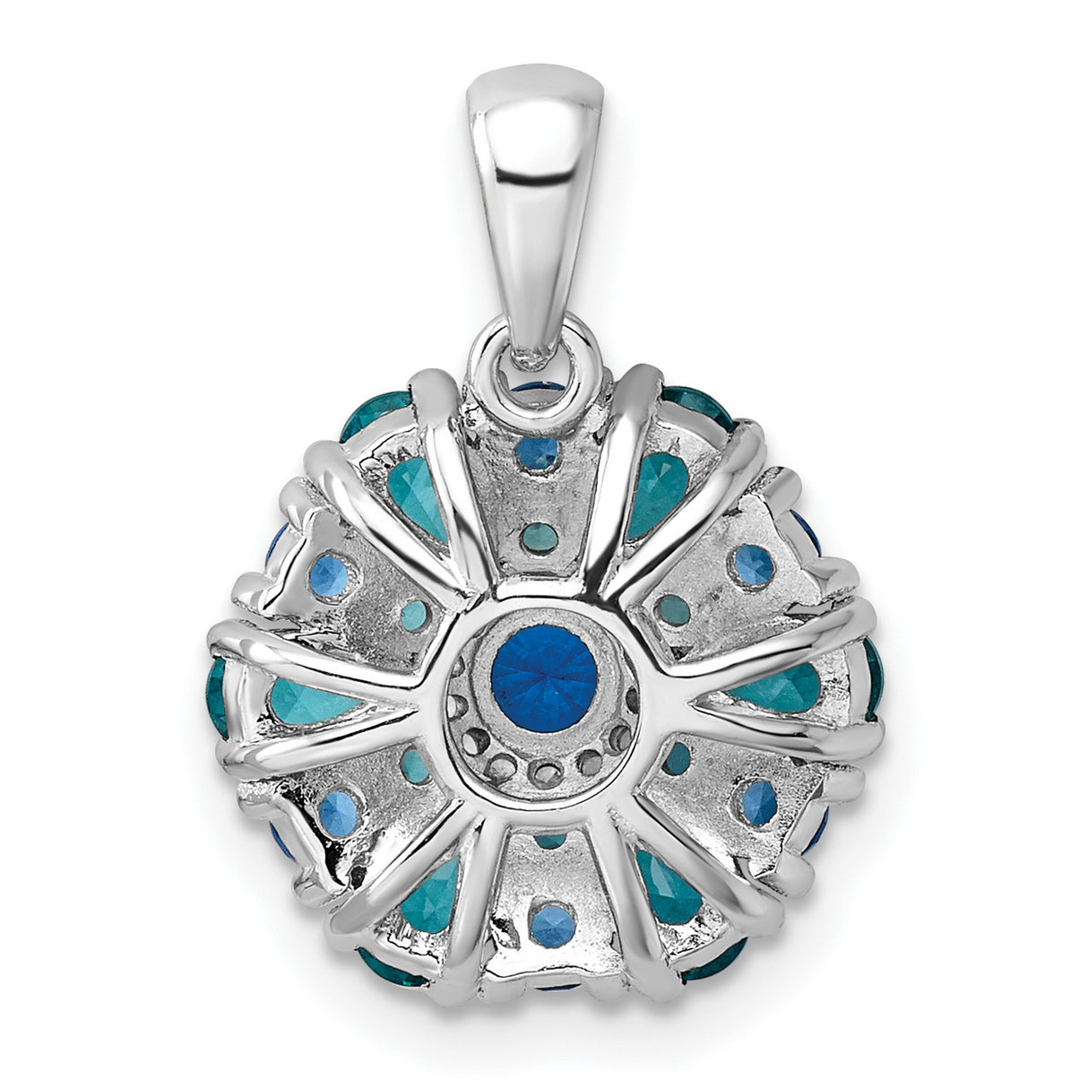 Sterling Silver Floral Pendant with Blue Crystal and Cubic Zirconia Teardrops