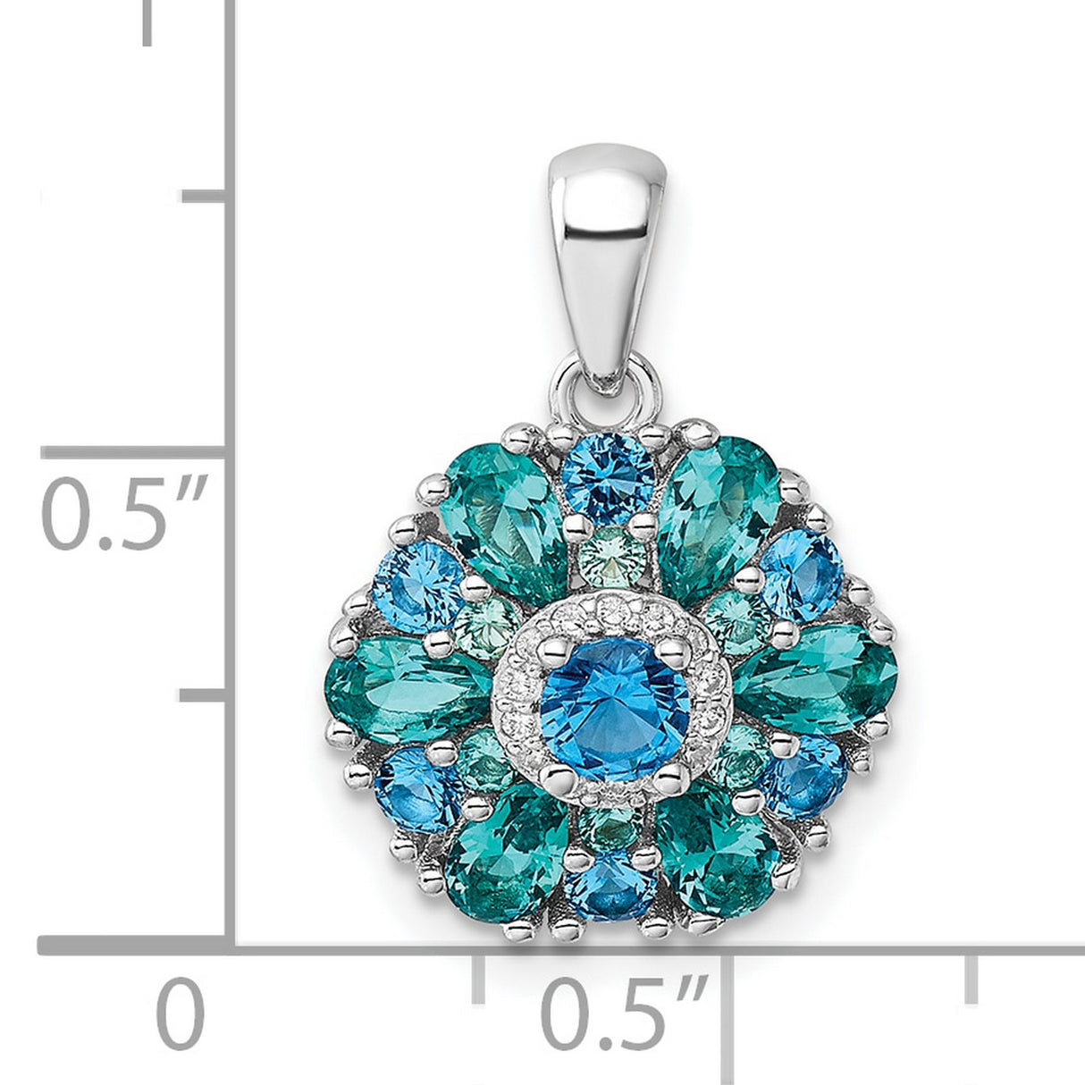 Sterling Silver Floral Pendant with Blue Crystal and Cubic Zirconia Teardrops