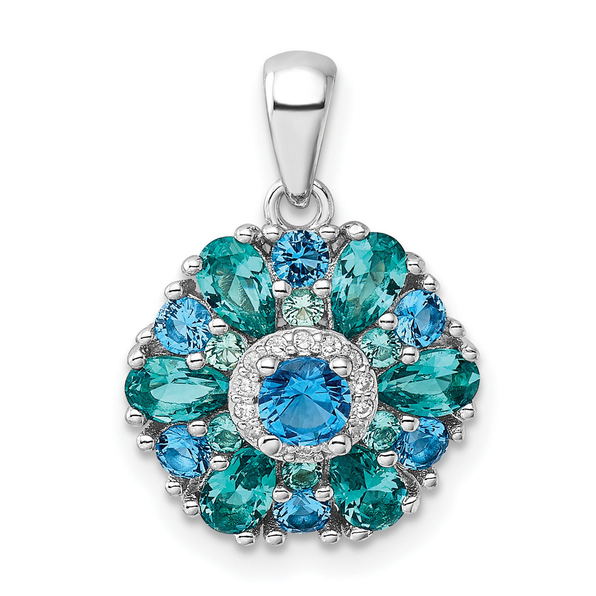 Sterling Silver Floral Pendant with Blue Crystal and Cubic Zirconia Teardrops