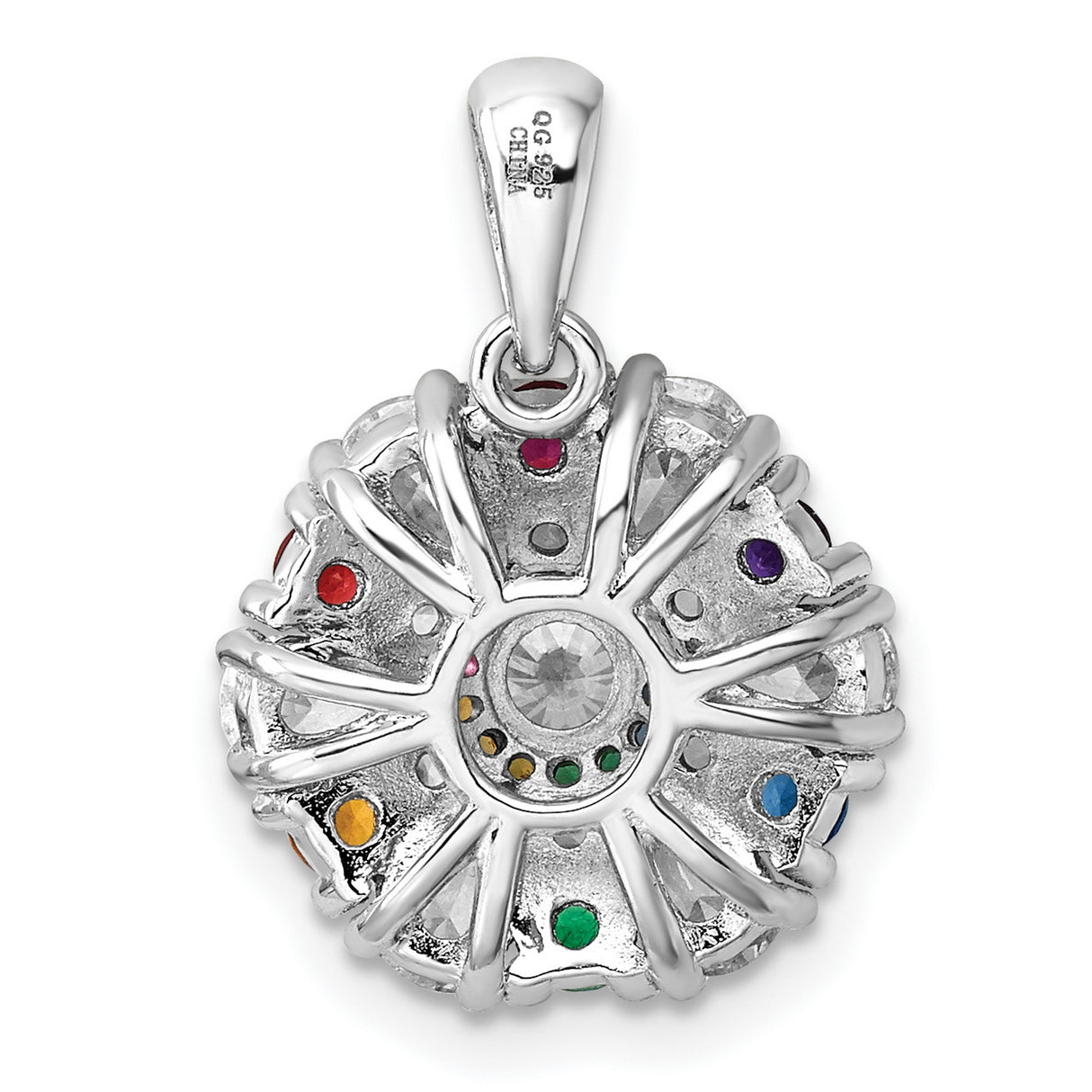 Sterling Silver Pendant with Crystal, Cubic Zirconia, Flower Shape, Multicolor Petals