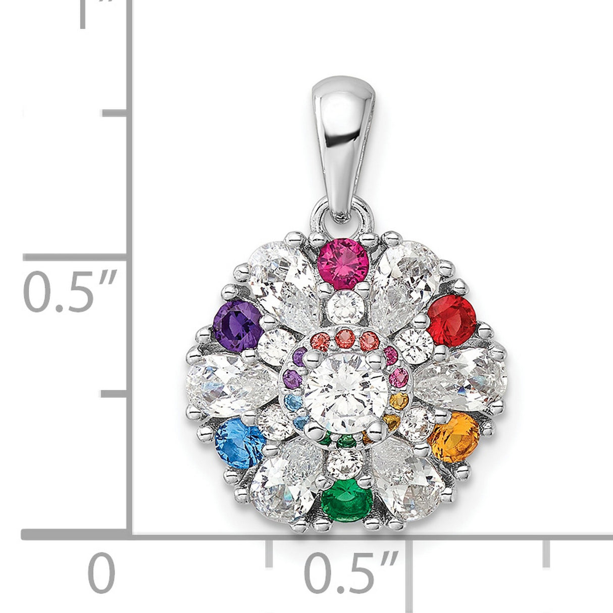 Sterling Silver Pendant with Crystal, Cubic Zirconia, Flower Shape, Multicolor Petals