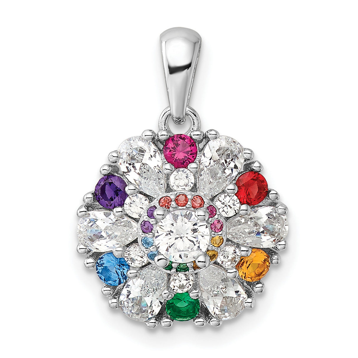 Sterling Silver Pendant with Crystal, Cubic Zirconia, Flower Shape, Multicolor Petals
