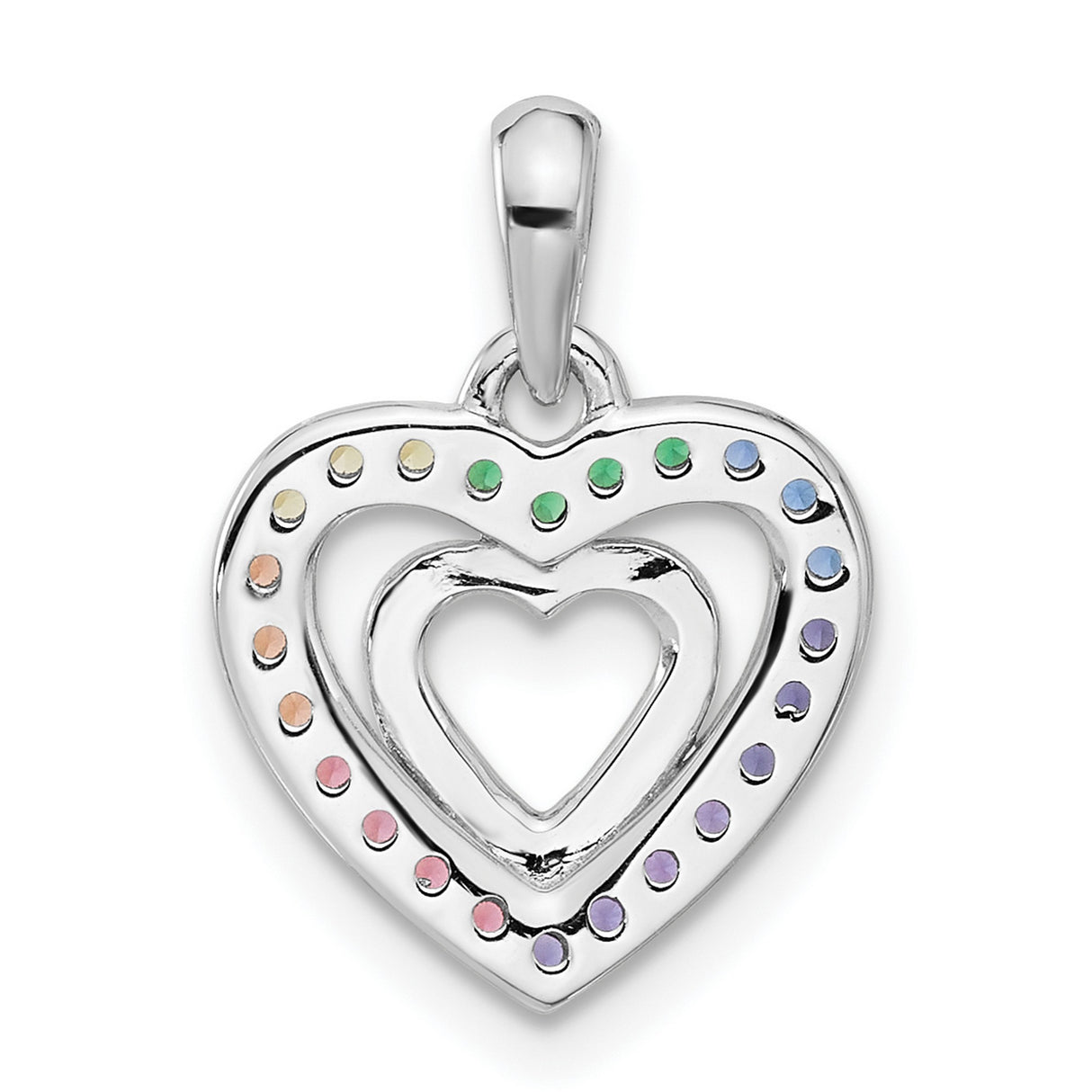 Sterling Silver Triple Heart Pendant with Rainbow Cubic Zirconia, LGBTQ Pride Jewelry