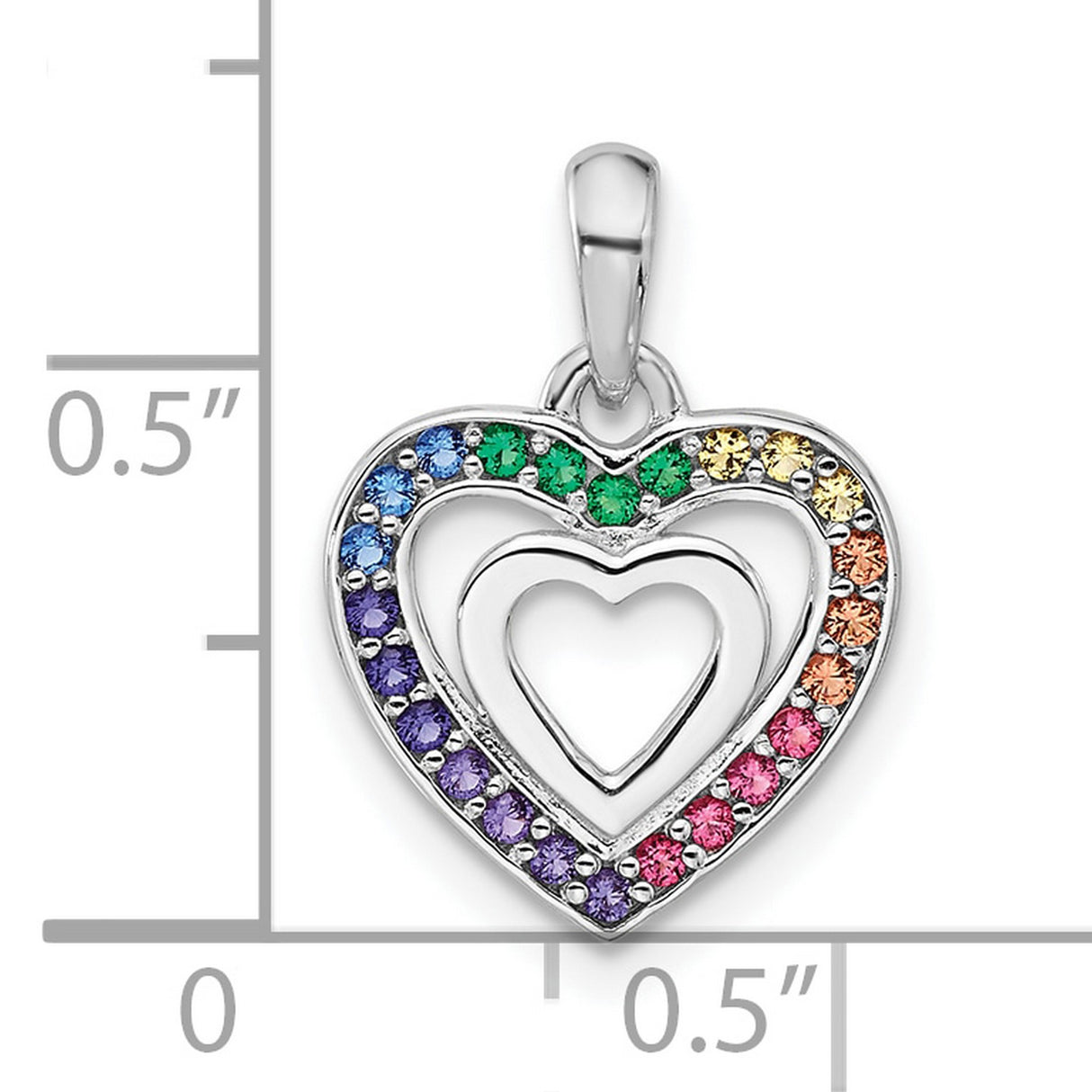 Sterling Silver Triple Heart Pendant with Rainbow Cubic Zirconia, LGBTQ Pride Jewelry