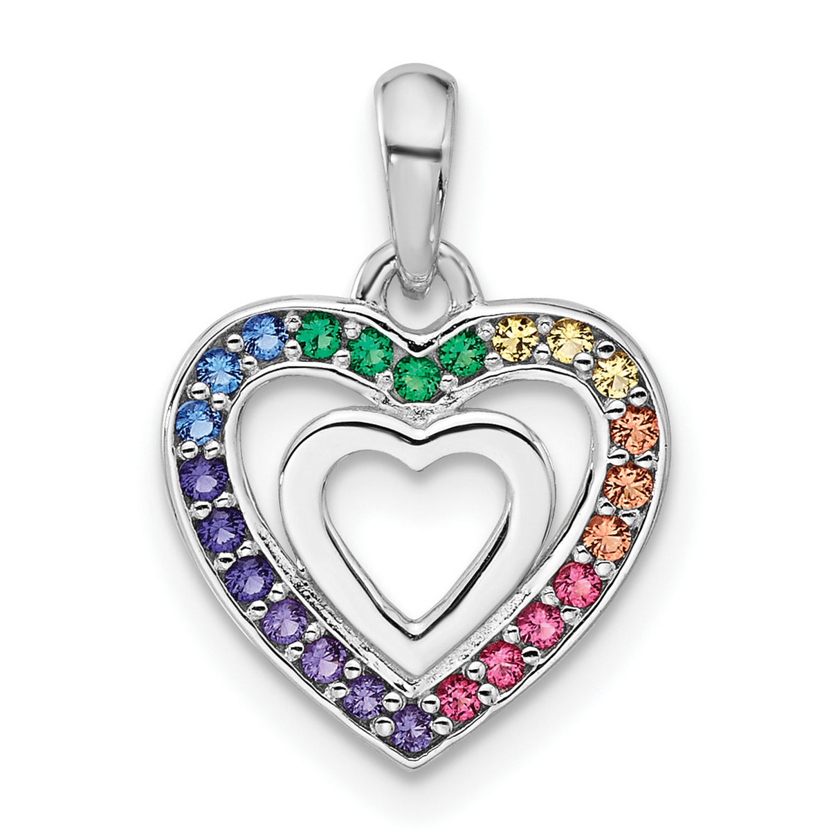 Sterling Silver Triple Heart Pendant with Rainbow Cubic Zirconia, LGBTQ Pride Jewelry