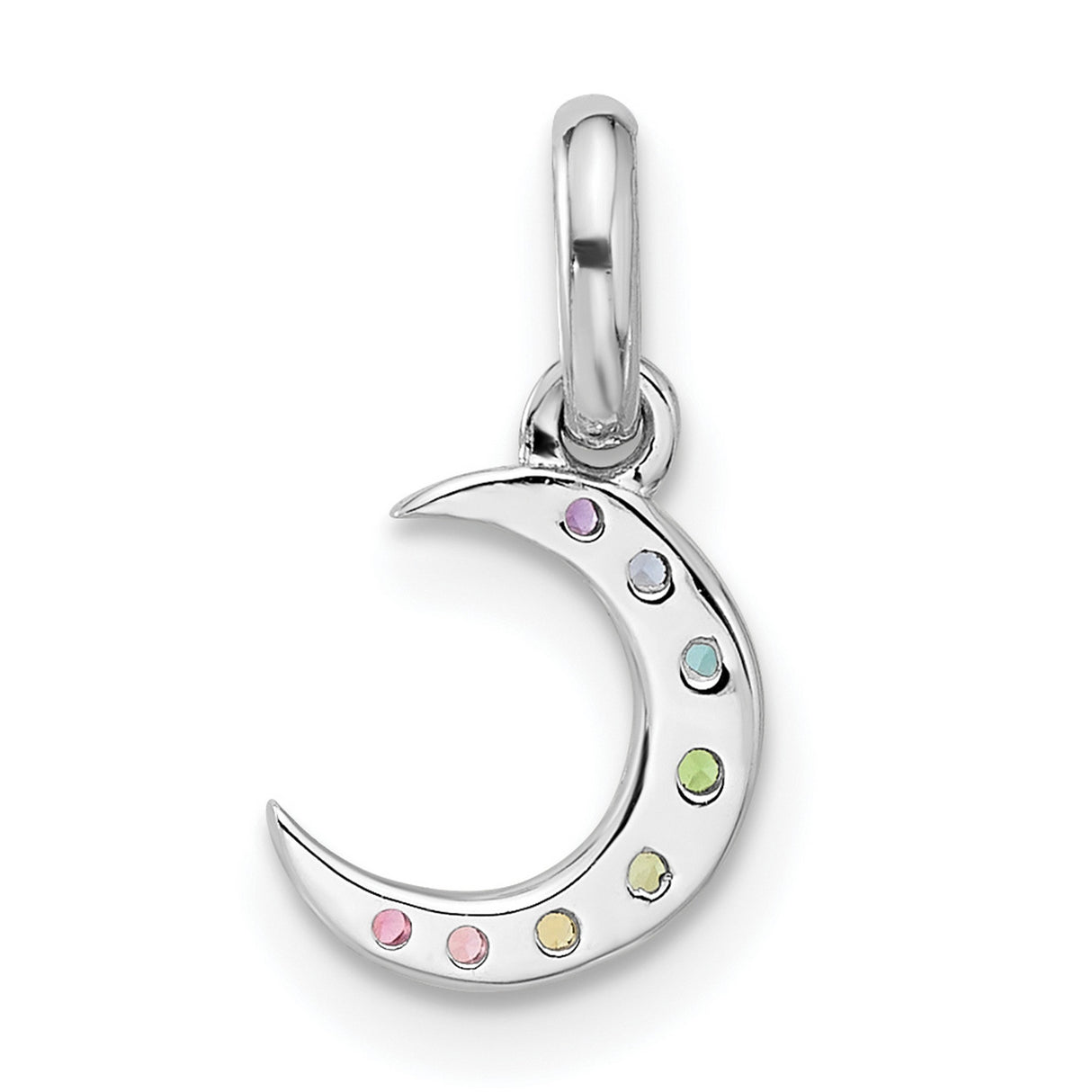 Sterling Silver Crescent Moon Pendant with Multicolor Cubic Zirconia, Celestial Rainbow Charm