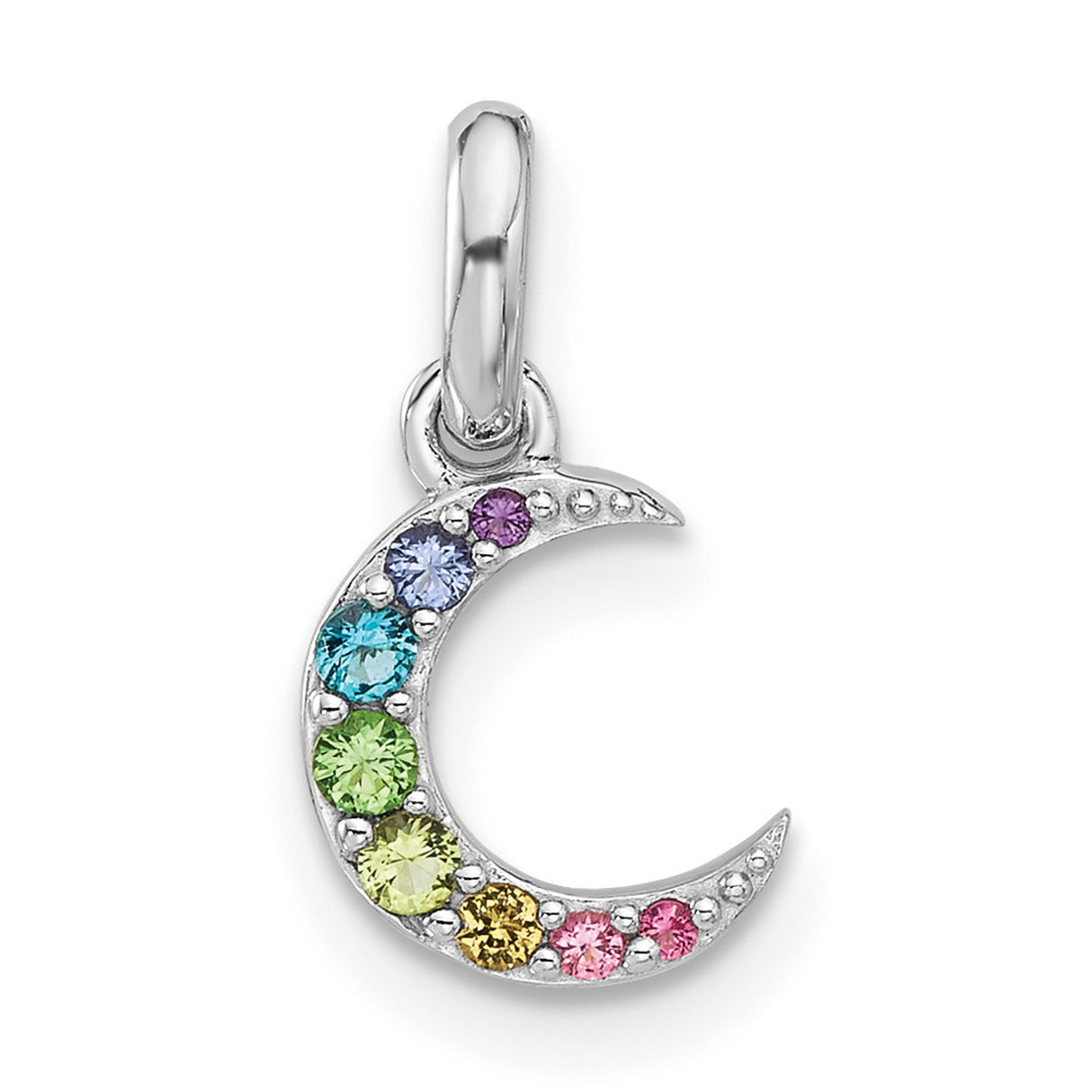 Sterling Silver Crescent Moon Pendant with Multicolor Cubic Zirconia, Celestial Rainbow Charm
