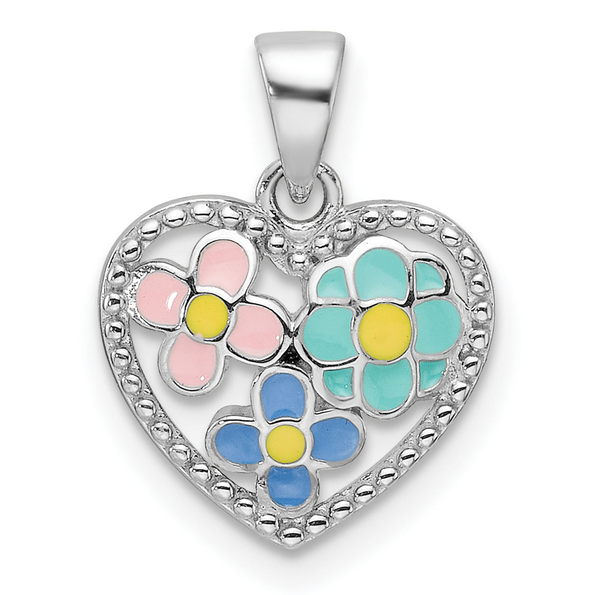 Sterling Silver Heart Pendant with Colorful Enamel Flowers, Floral Charm for Women or Girls