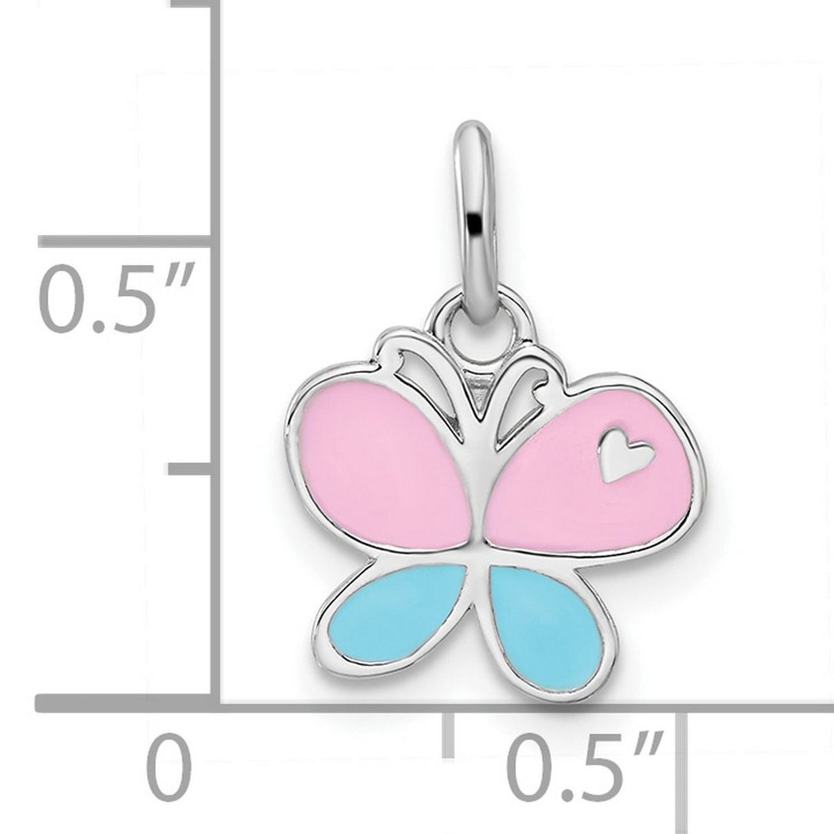 Sterling Silver Butterfly Pendant with Pink and Blue Enamel Wings and Heart Detail