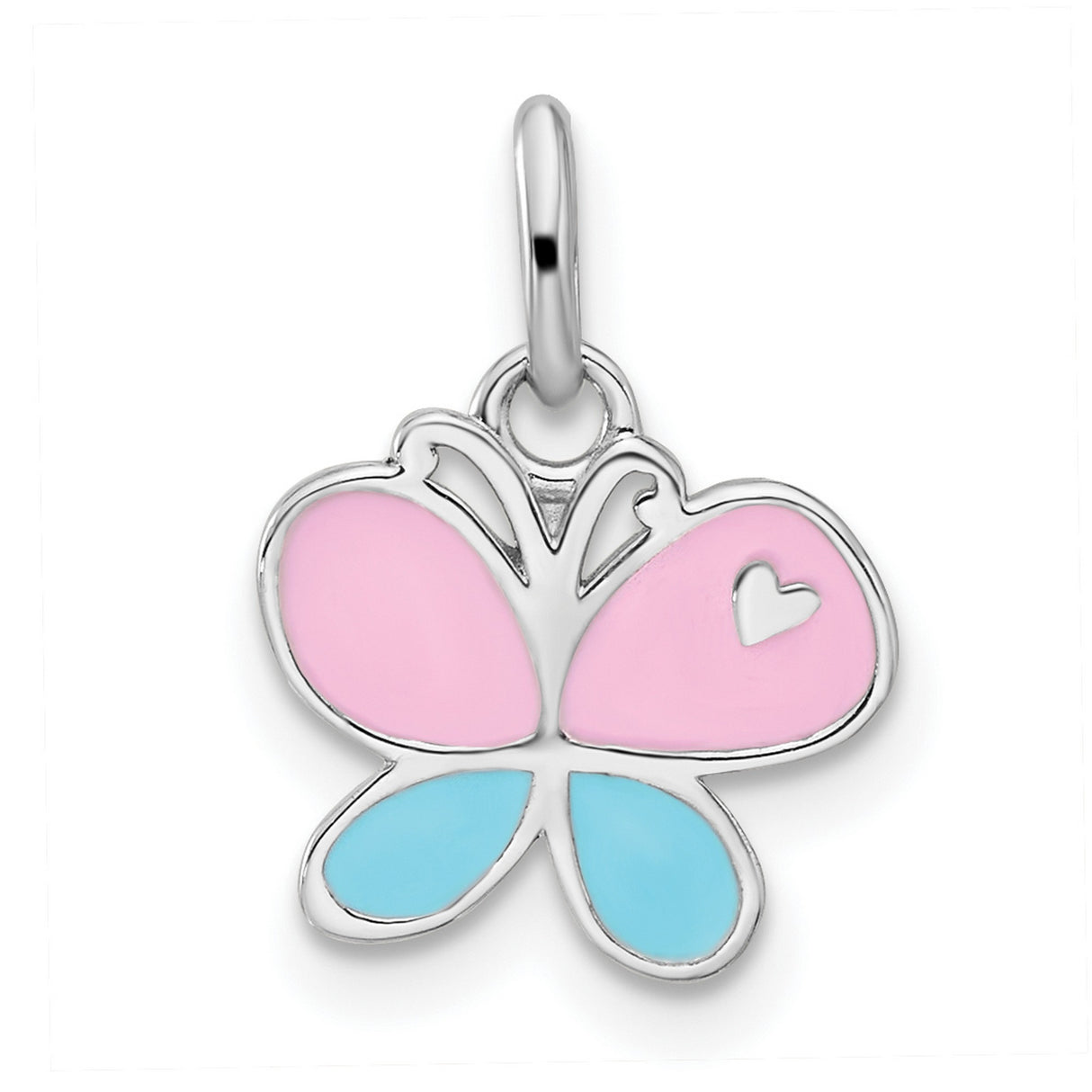 Sterling Silver Butterfly Pendant with Pink and Blue Enamel Wings and Heart Detail
