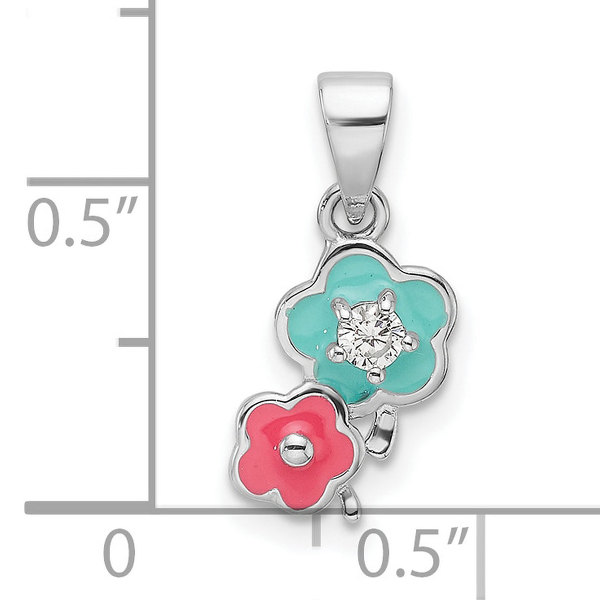 Sterling Silver Flower Pendant with Cubic Zirconia, Turquoise and Pink Enamel Blossoms