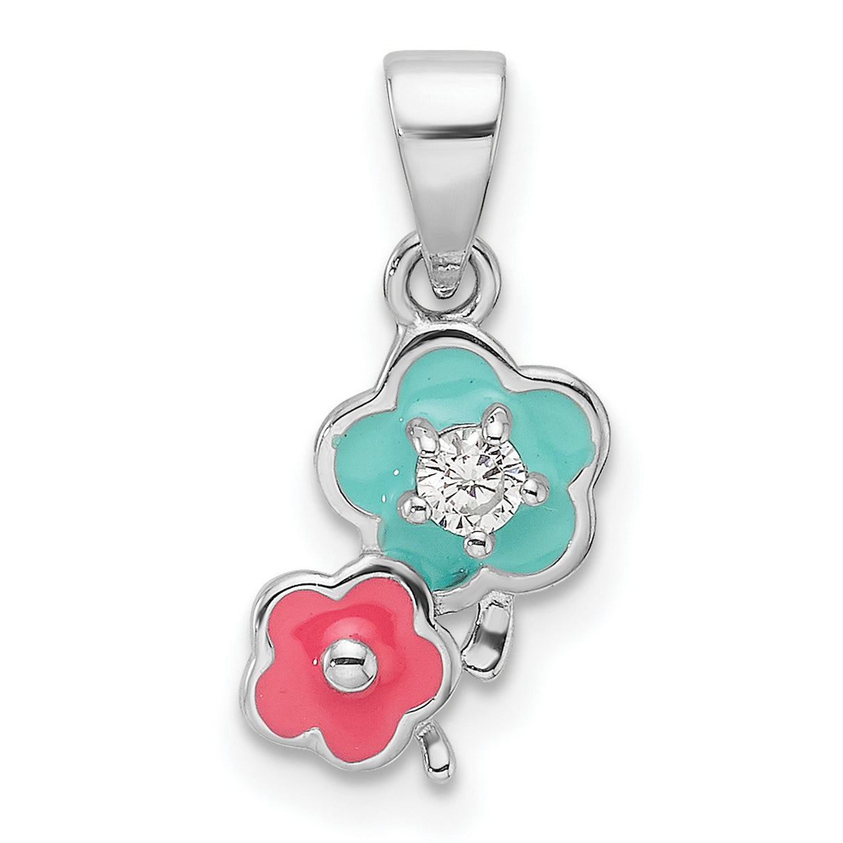 Sterling Silver Flower Pendant with Cubic Zirconia, Turquoise and Pink Enamel Blossoms