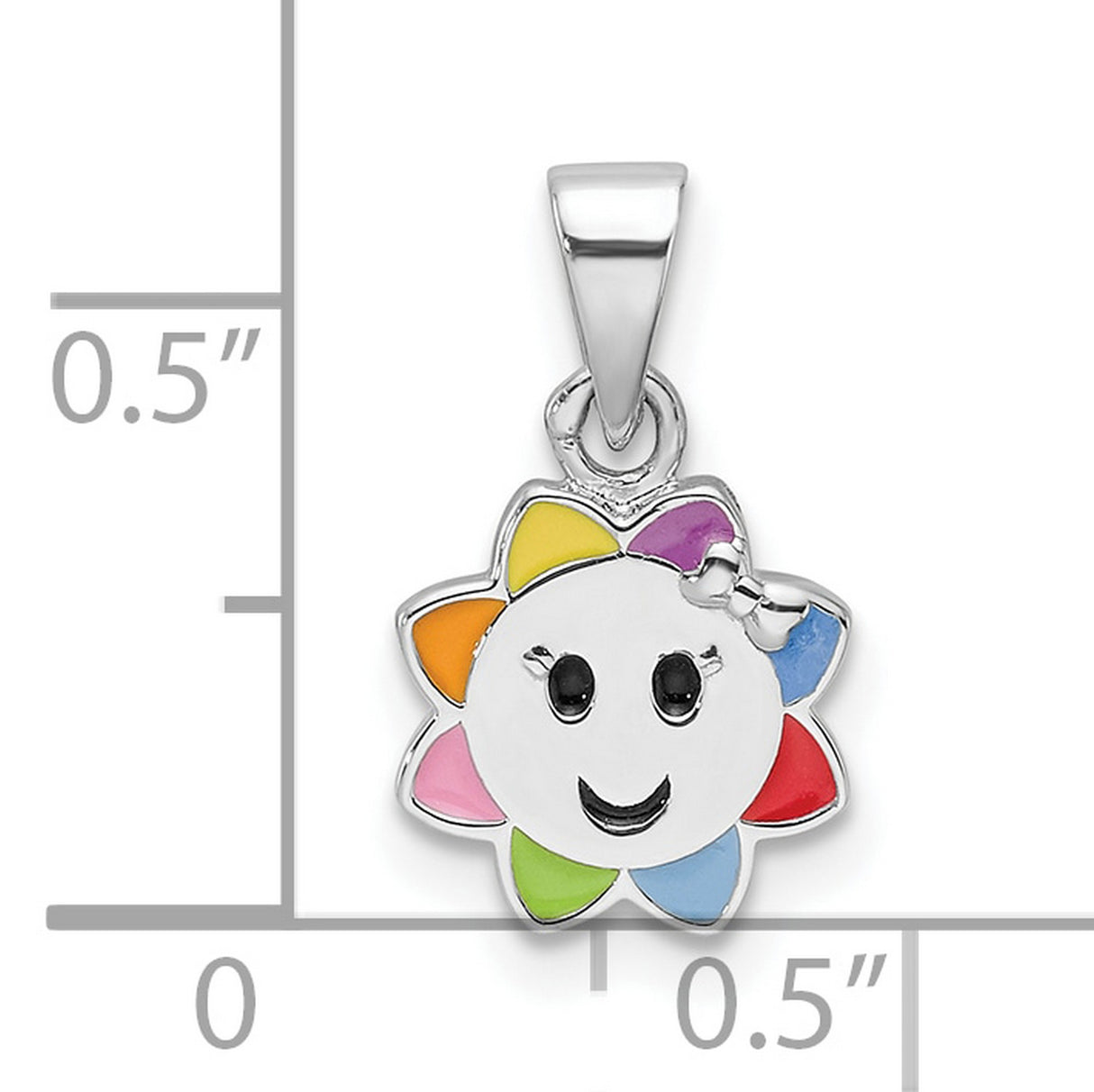 Sterling Silver Sun Pendant with Rainbow Enamel Petals and Smiling Face Bow Detail