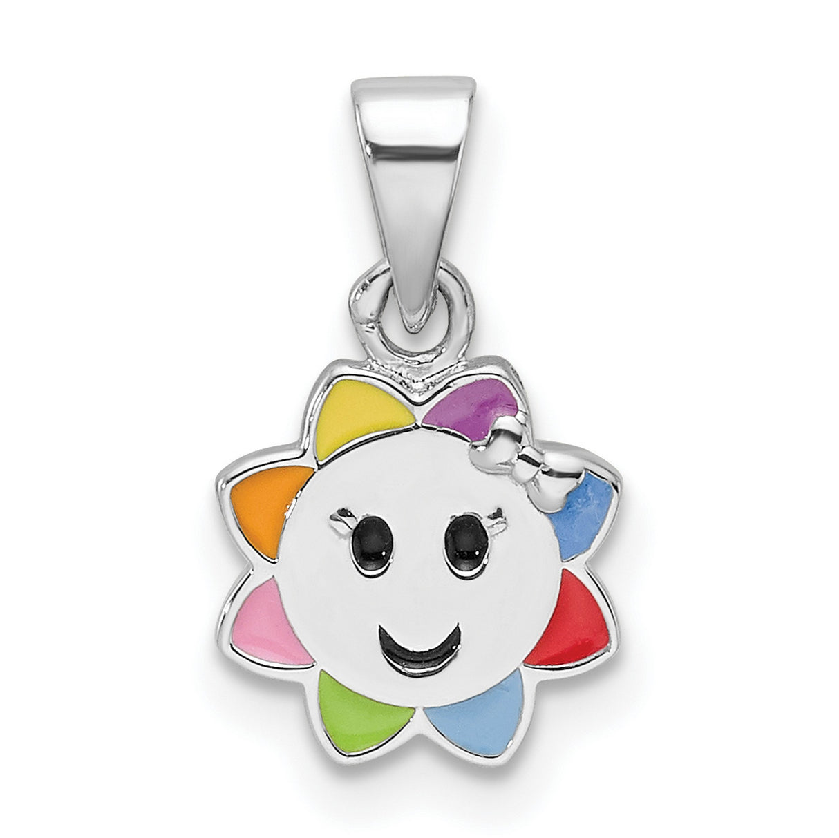 Sterling Silver Sun Pendant with Rainbow Enamel Petals and Smiling Face Bow Detail