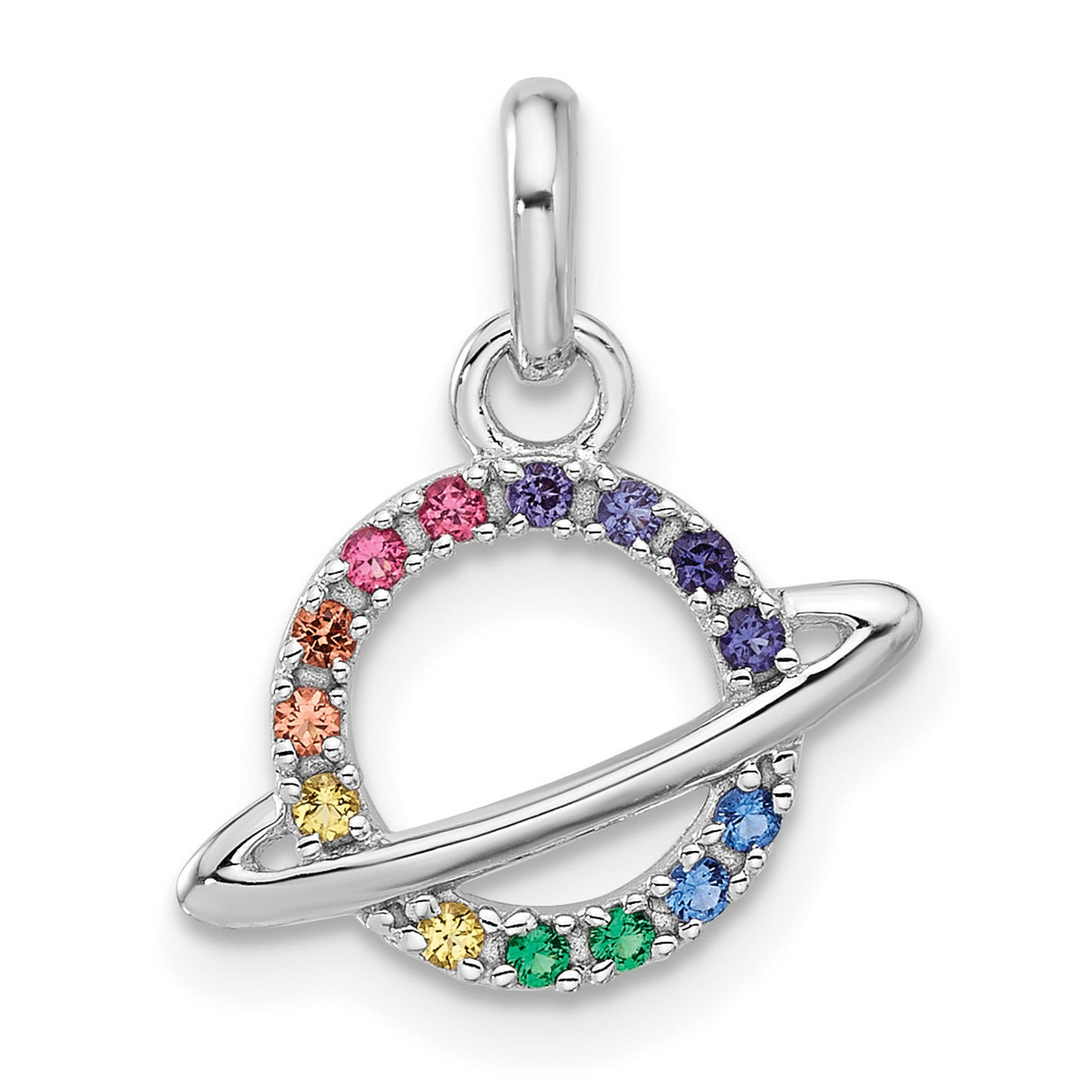 Sterling Silver Saturn Pendant with Rainbow Cubic Zirconia, Celestial Orbit Design