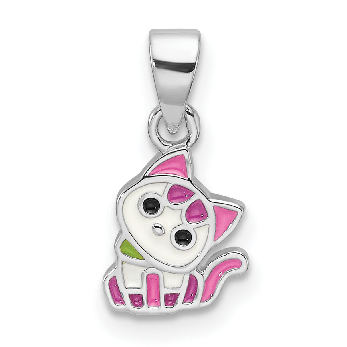 Sterling Silver Cat Pendant with Pink and White Enamel, Whimsical Kitten Design