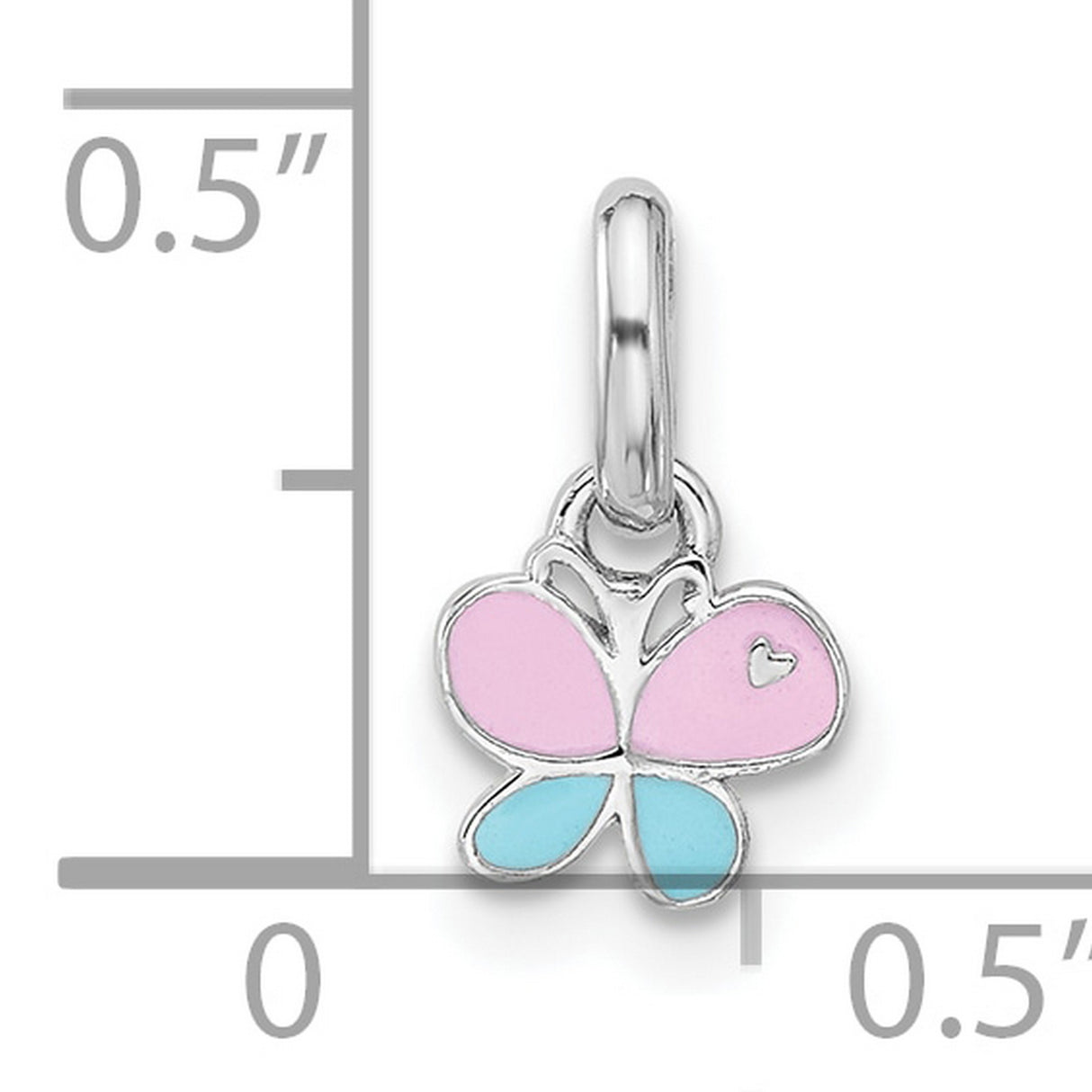 Sterling Silver Butterfly Pendant with Pink and Blue Enamel Wings and Heart Detail