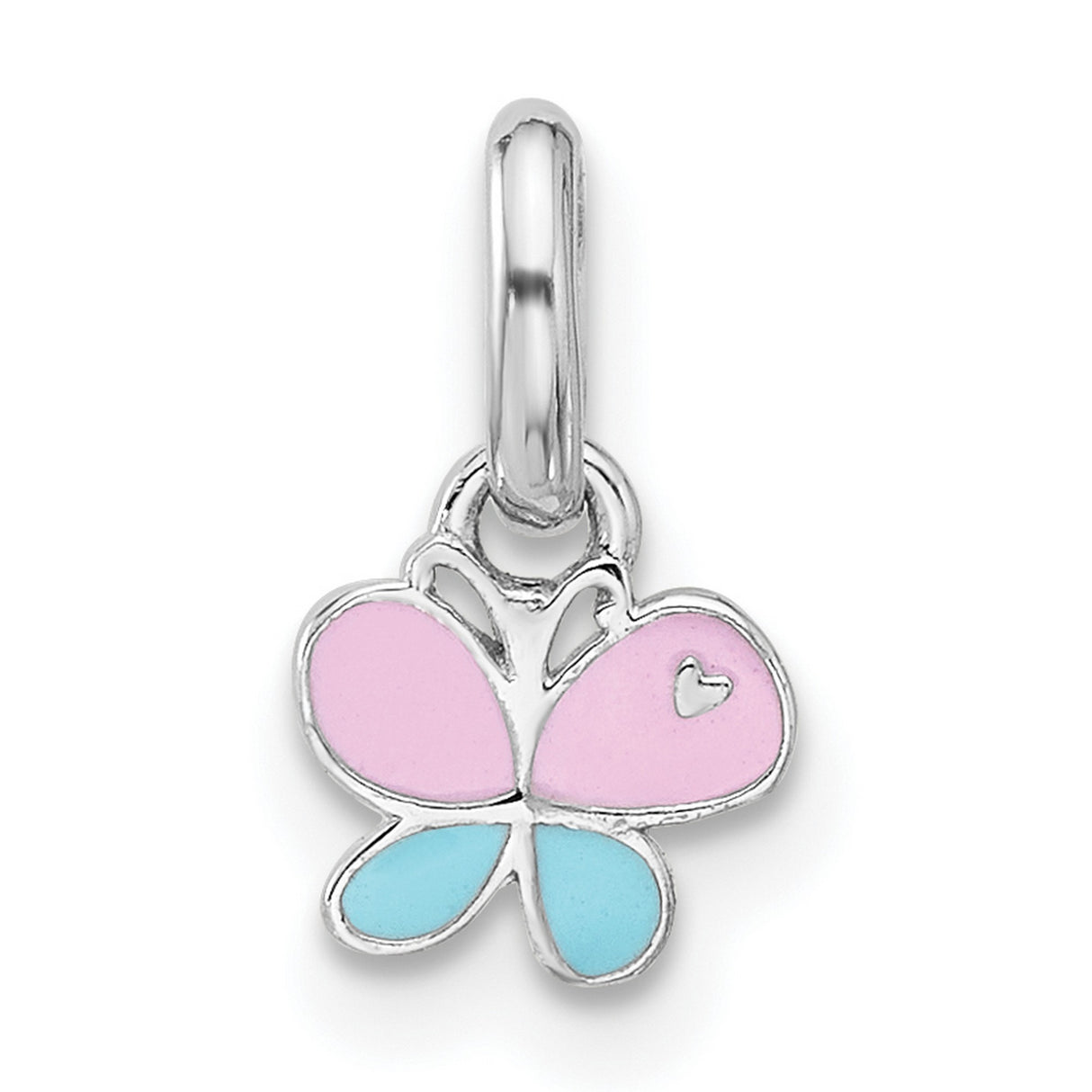 Sterling Silver Butterfly Pendant with Pink and Blue Enamel Wings and Heart Detail