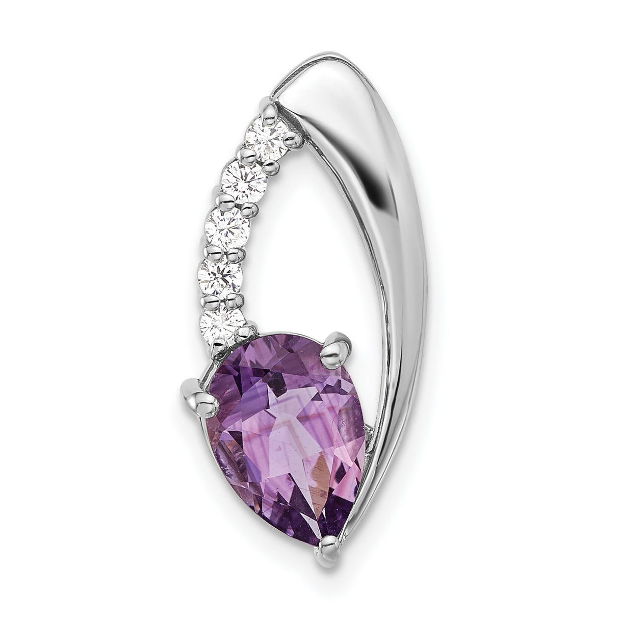 Sterling Silver Pendant with Amethyst, Pear Shape and Curved Cubic Zirconia Accents, Modern Design