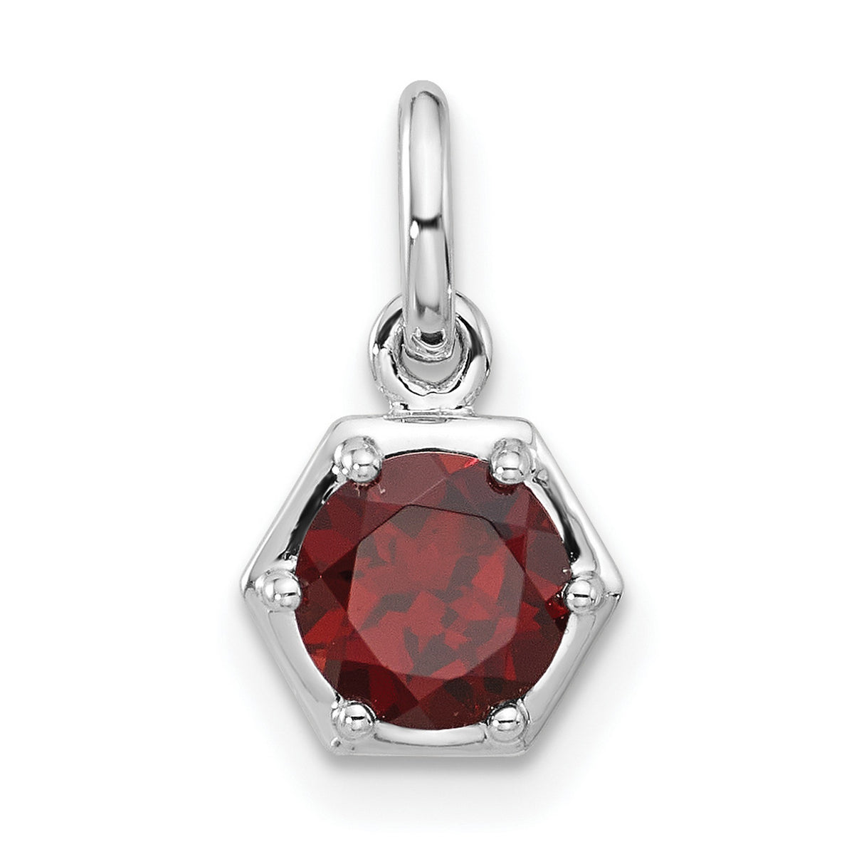 Sterling Silver Garnet Pendant with Round Red Gemstone in Hexagon Bezel Setting