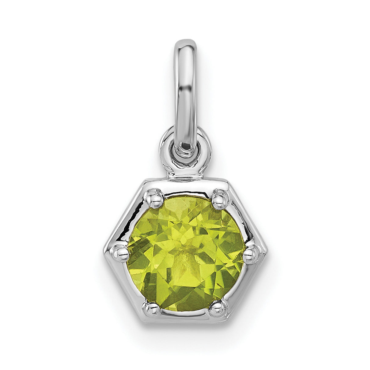 Sterling Silver Peridot Pendant with Faceted Round Gemstone in Hexagon Frame