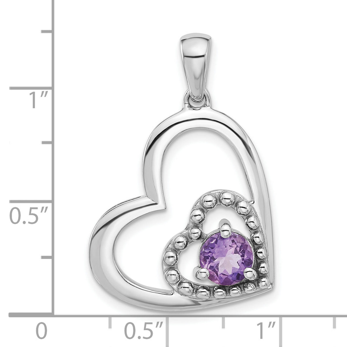 Sterling Silver Heart Pendant with Amethyst, Open Heart and Beaded Inner Design for Women