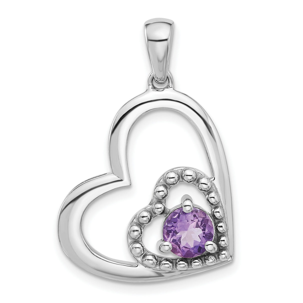 Sterling Silver Heart Pendant with Amethyst, Open Heart and Beaded Inner Design for Women