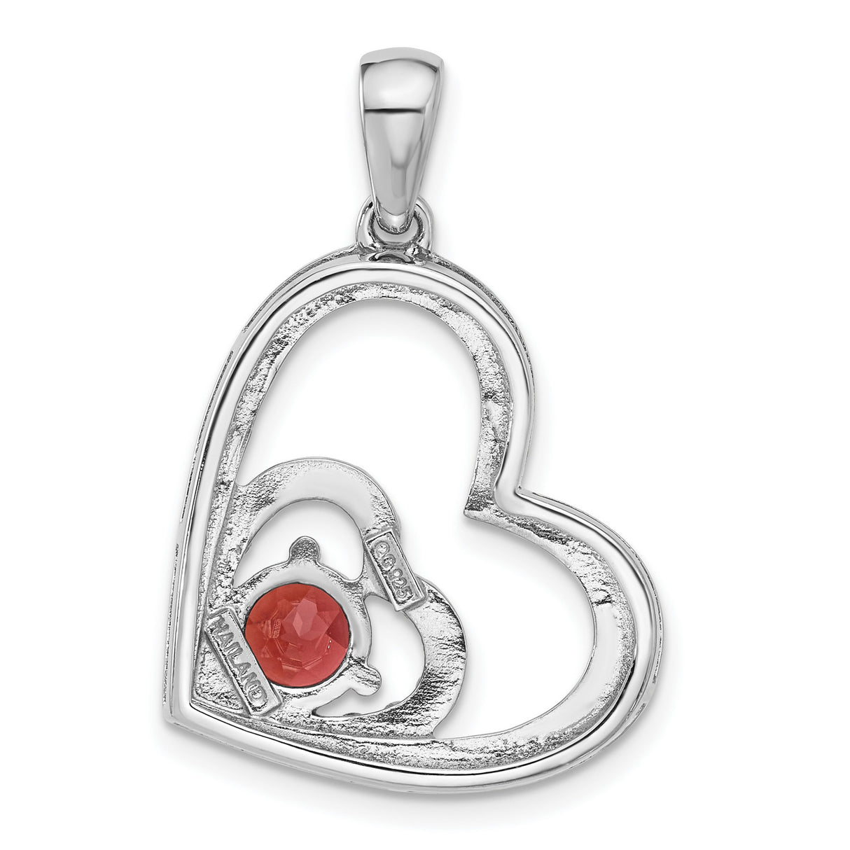 Sterling Silver Heart Pendant with Garnet, Beaded Inset, Romantic Double Heart Design