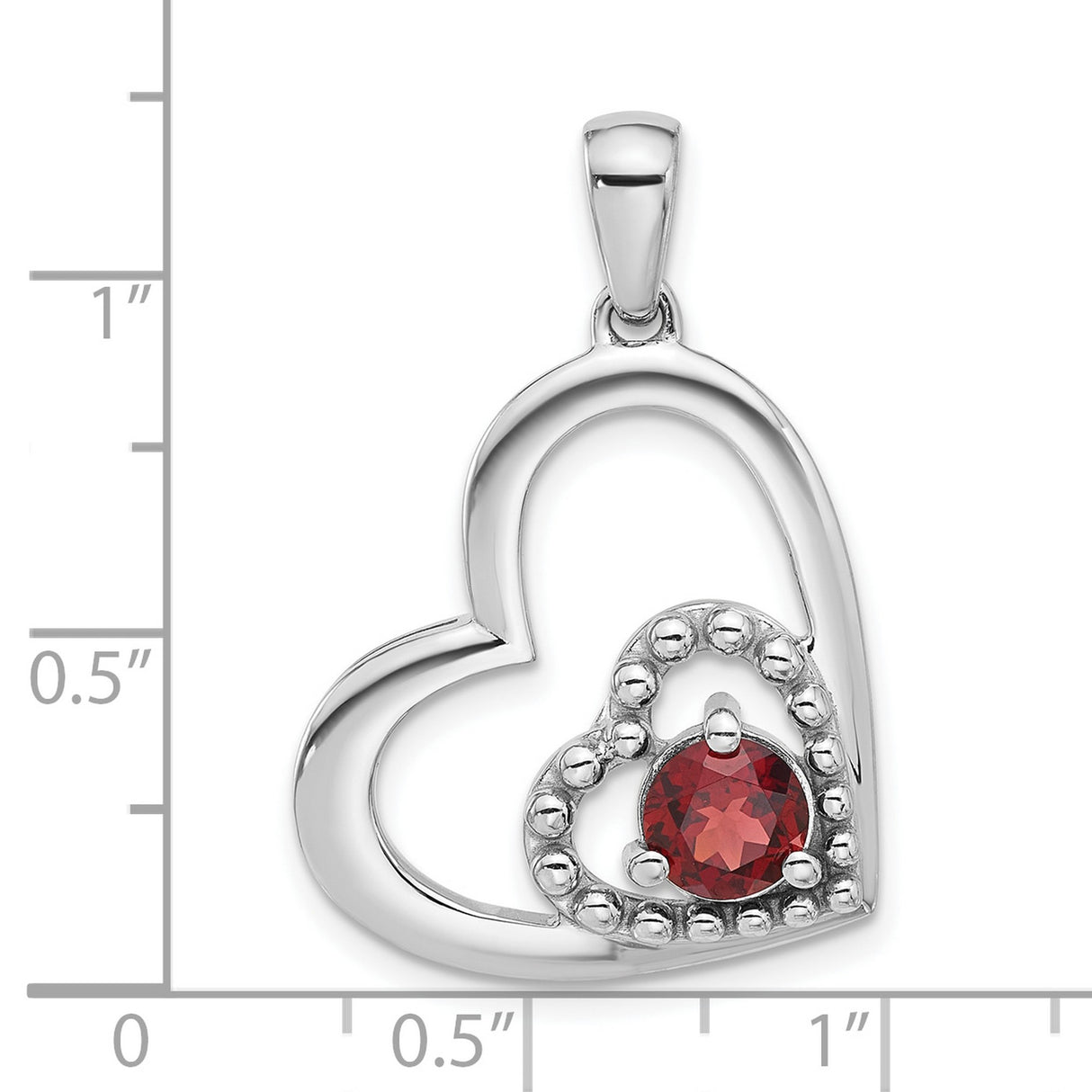 Sterling Silver Heart Pendant with Garnet, Beaded Inset, Romantic Double Heart Design
