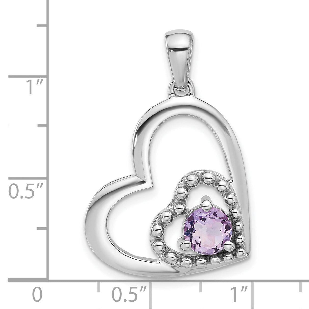 Sterling Silver Heart Pendant with Round Cut Purple Quartz and Beaded Open Heart Design