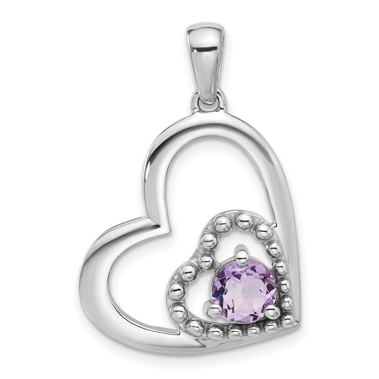 Sterling Silver Heart Pendant with Round Cut Purple Quartz and Beaded Open Heart Design
