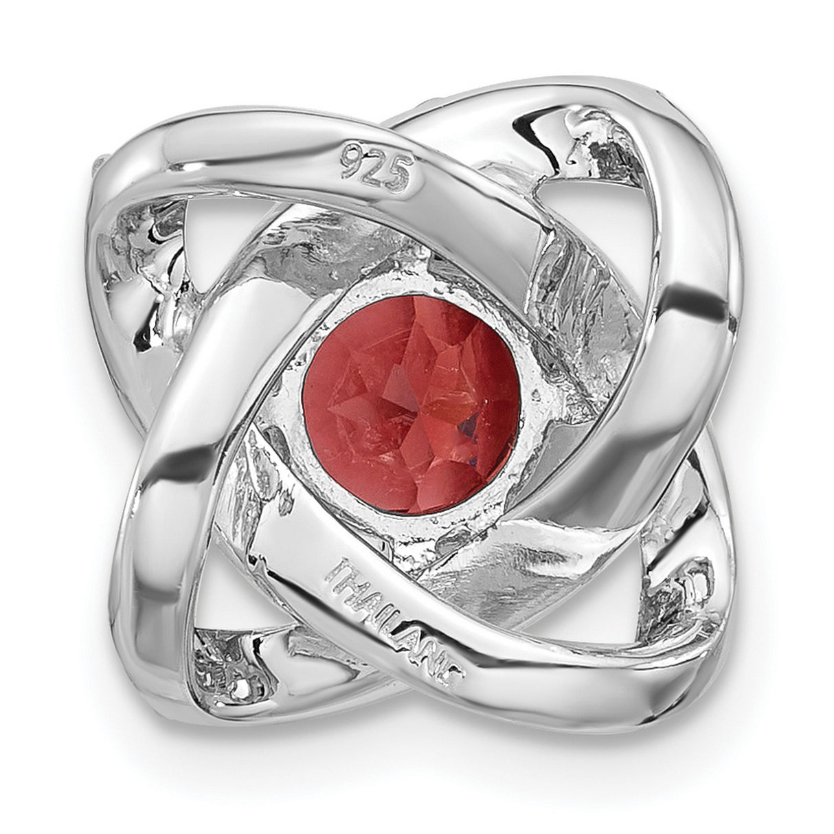 Sterling Silver Pendant with Garnet Center, Twisted Loop Design and Cubic Zirconia Accents