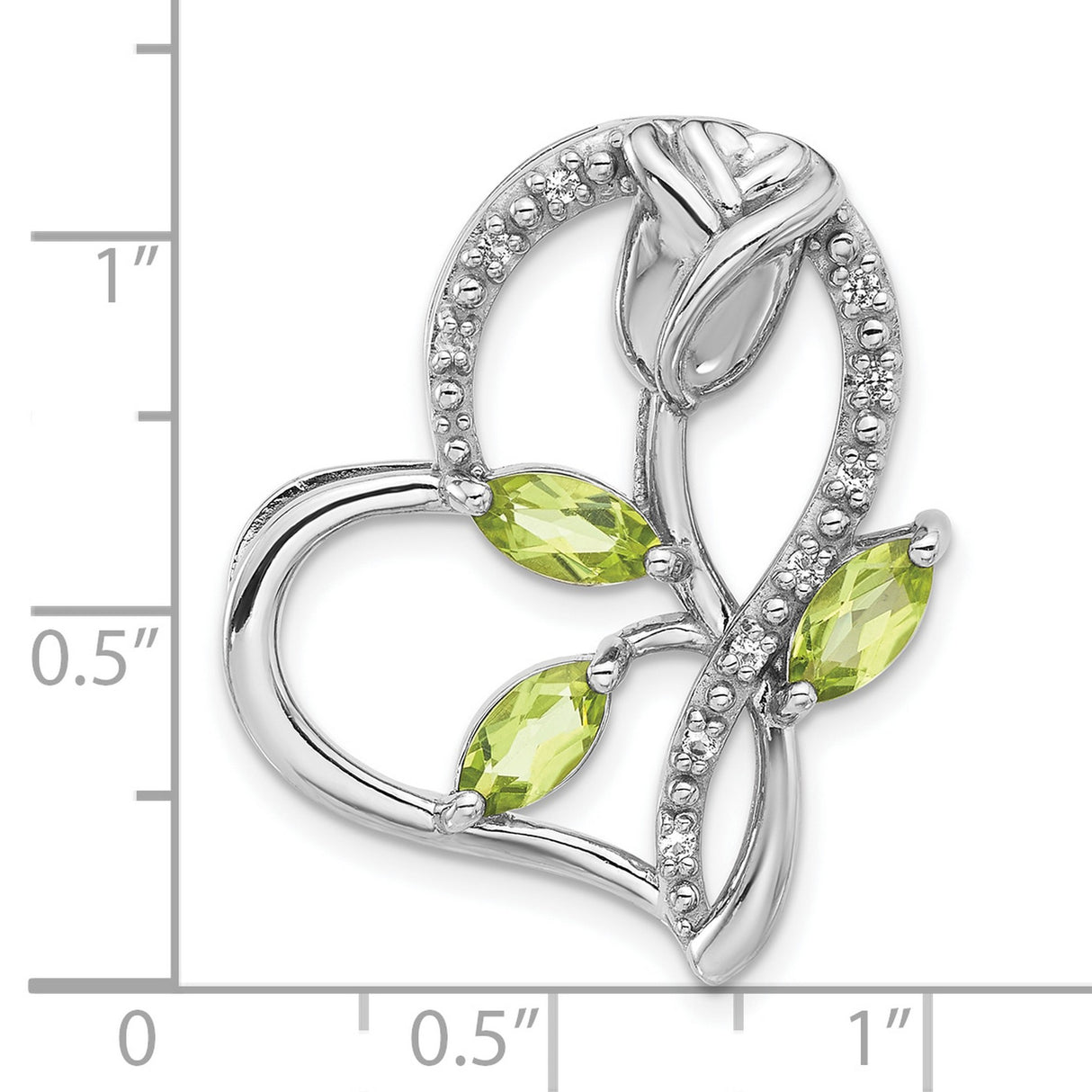 Sterling Silver Heart Pendant with Peridot and White Topaz Accents, Rose Floral Design for Women