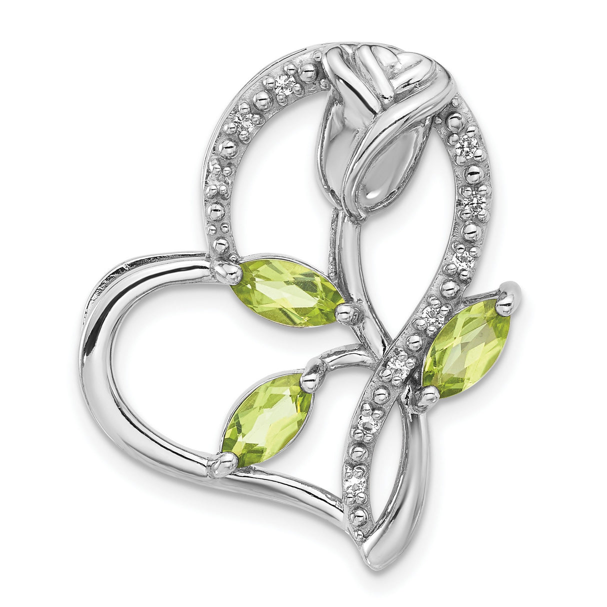 Sterling Silver Heart Pendant with Peridot and White Topaz Accents, Rose Floral Design for Women