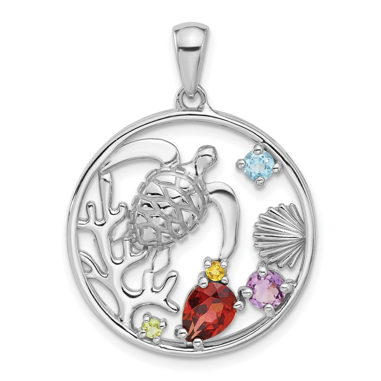 Sterling Silver Sea Turtle Pendant with Garnet and Amethyst, Ocean-Inspired Charm for Women