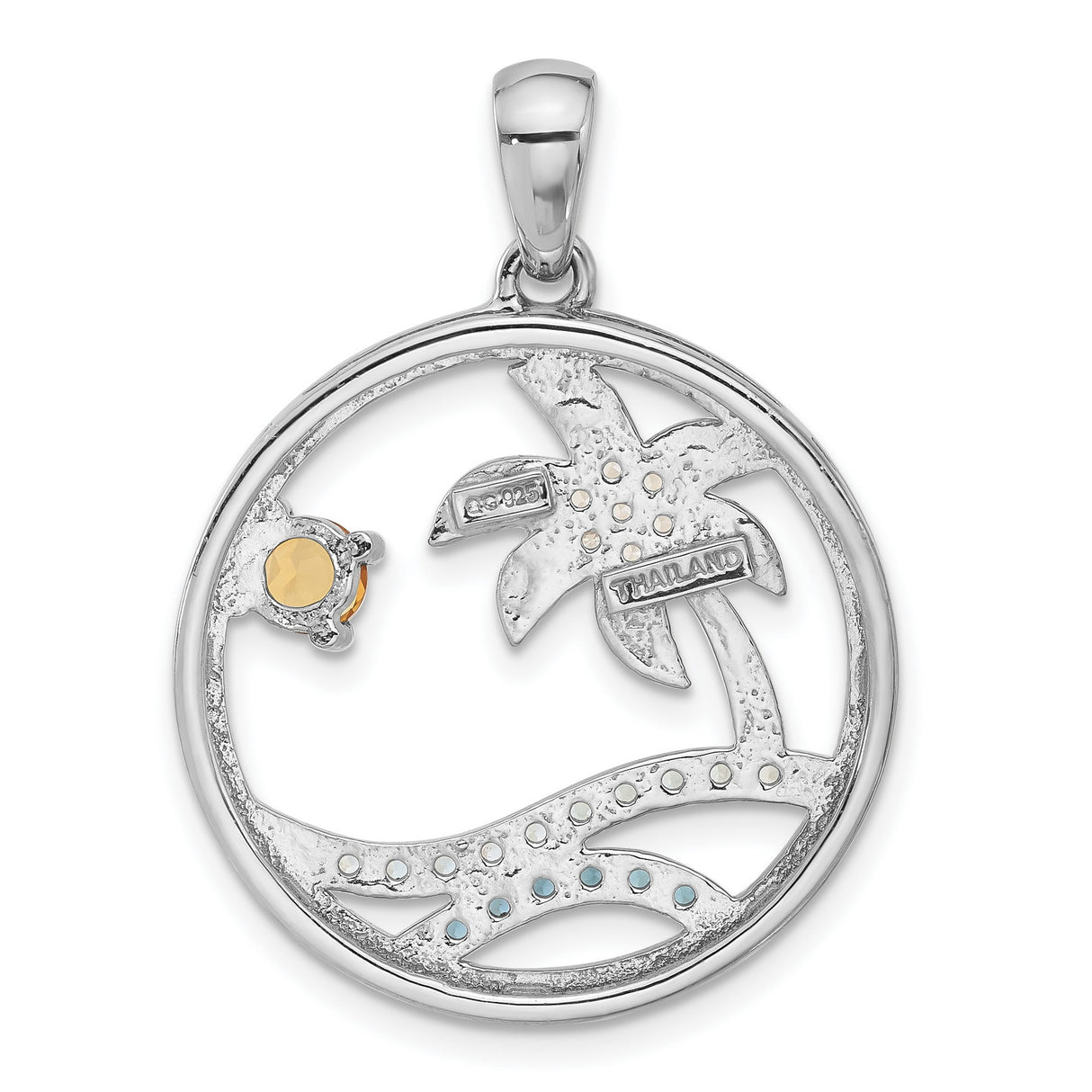 Sterling Silver Pendant with Citrine and Swiss Blue Topaz, Tropical Beach Scene Jewelry