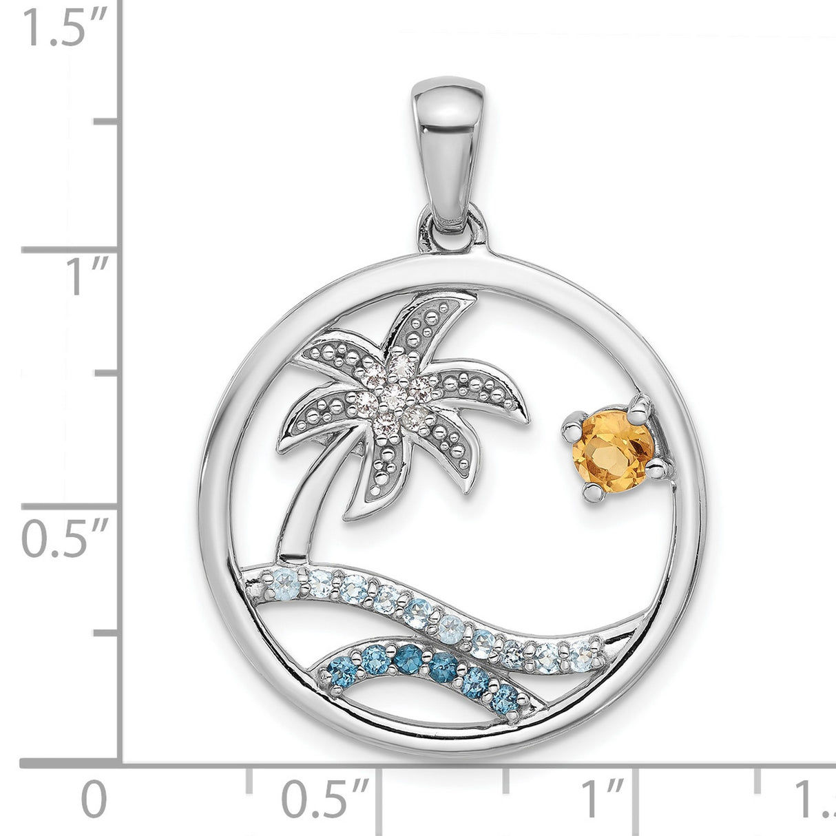 Sterling Silver Pendant with Citrine and Swiss Blue Topaz, Tropical Beach Scene Jewelry