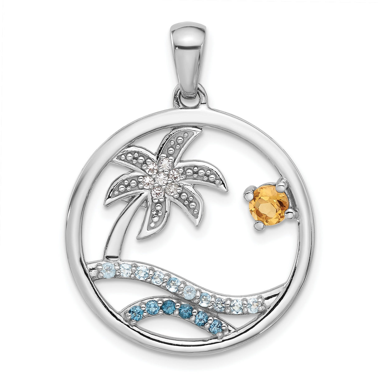 Sterling Silver Pendant with Citrine and Swiss Blue Topaz, Tropical Beach Scene Jewelry