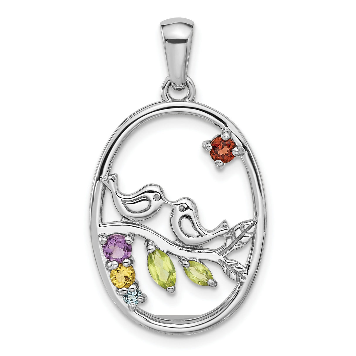 Sterling Silver Bird Pendant with Amethyst and Citrine, Two Birds on Branch Nature Design