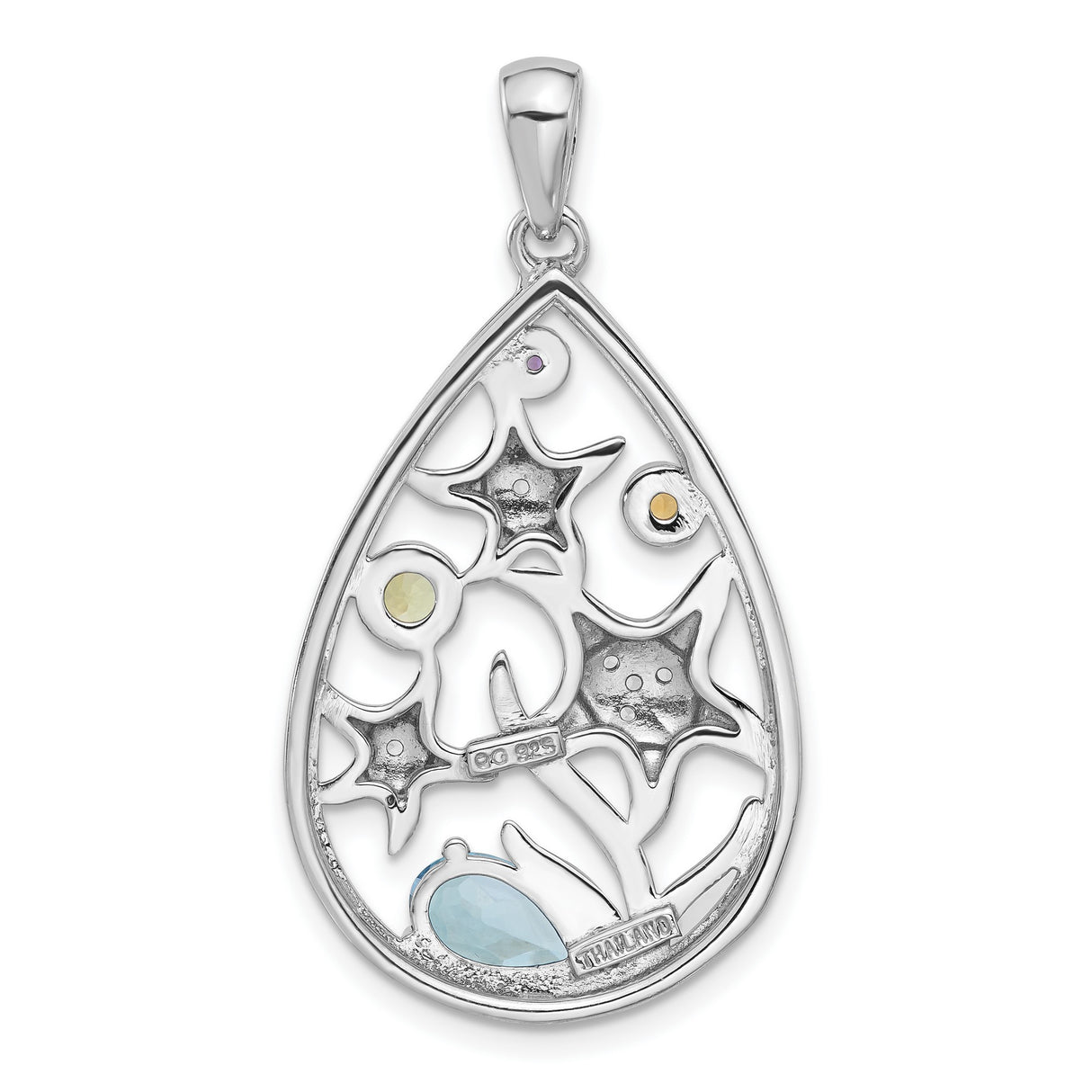 Sterling Silver Teardrop Starfish Pendant with Citrine and Peridot, Ocean Theme Jewelry