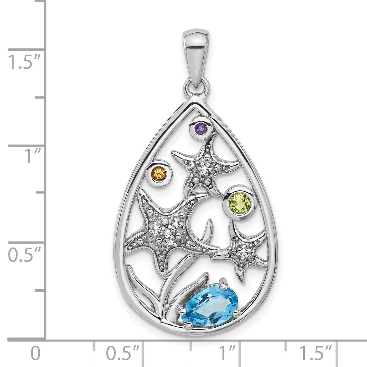 Sterling Silver Teardrop Starfish Pendant with Citrine and Peridot, Ocean Theme Jewelry